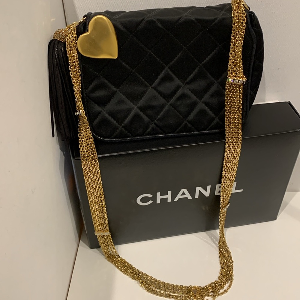 CHANEL 🖤Rare”0” Black Vintage Quilted Silk Satin Crystal Tassel 6Chain Gold Bag